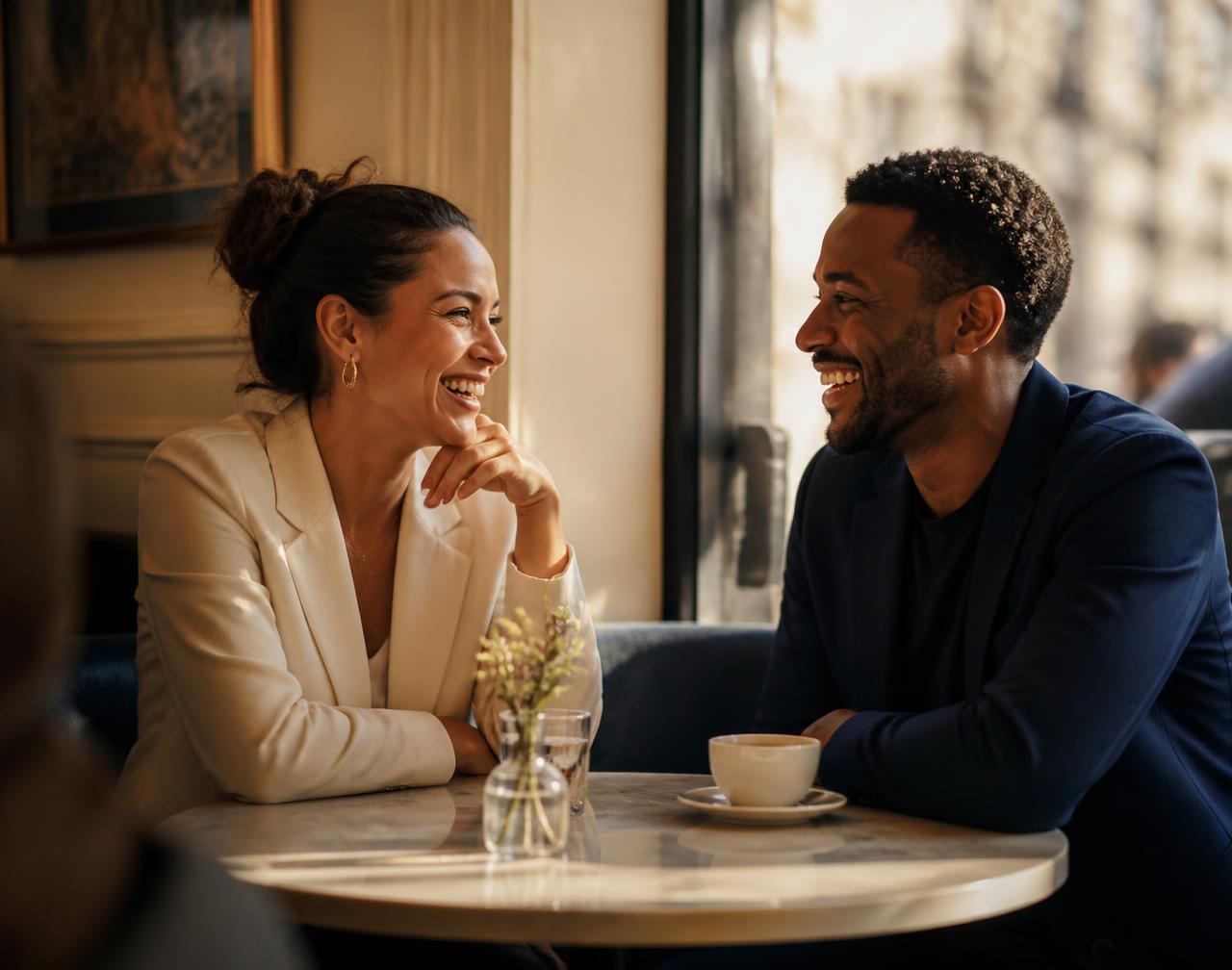 Two people sharing a warm, unhurried conversation over coffee